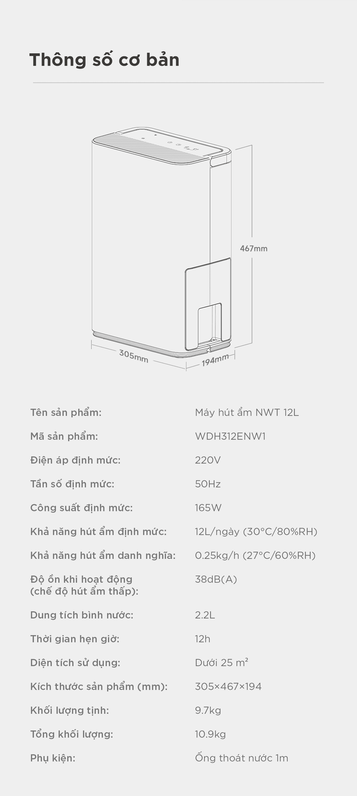 Máy Hút Ẩm Thông Minh Xiaomi NWT 12L Kèm Lưới Lọc Kháng Khuẩn