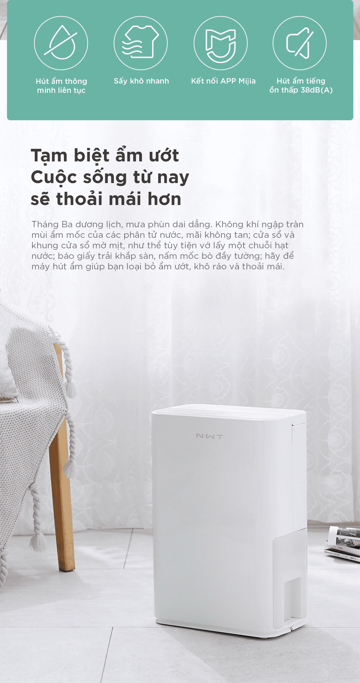 Máy Hút Ẩm Thông Minh Xiaomi NWT 12L Kèm Lưới Lọc Kháng Khuẩn