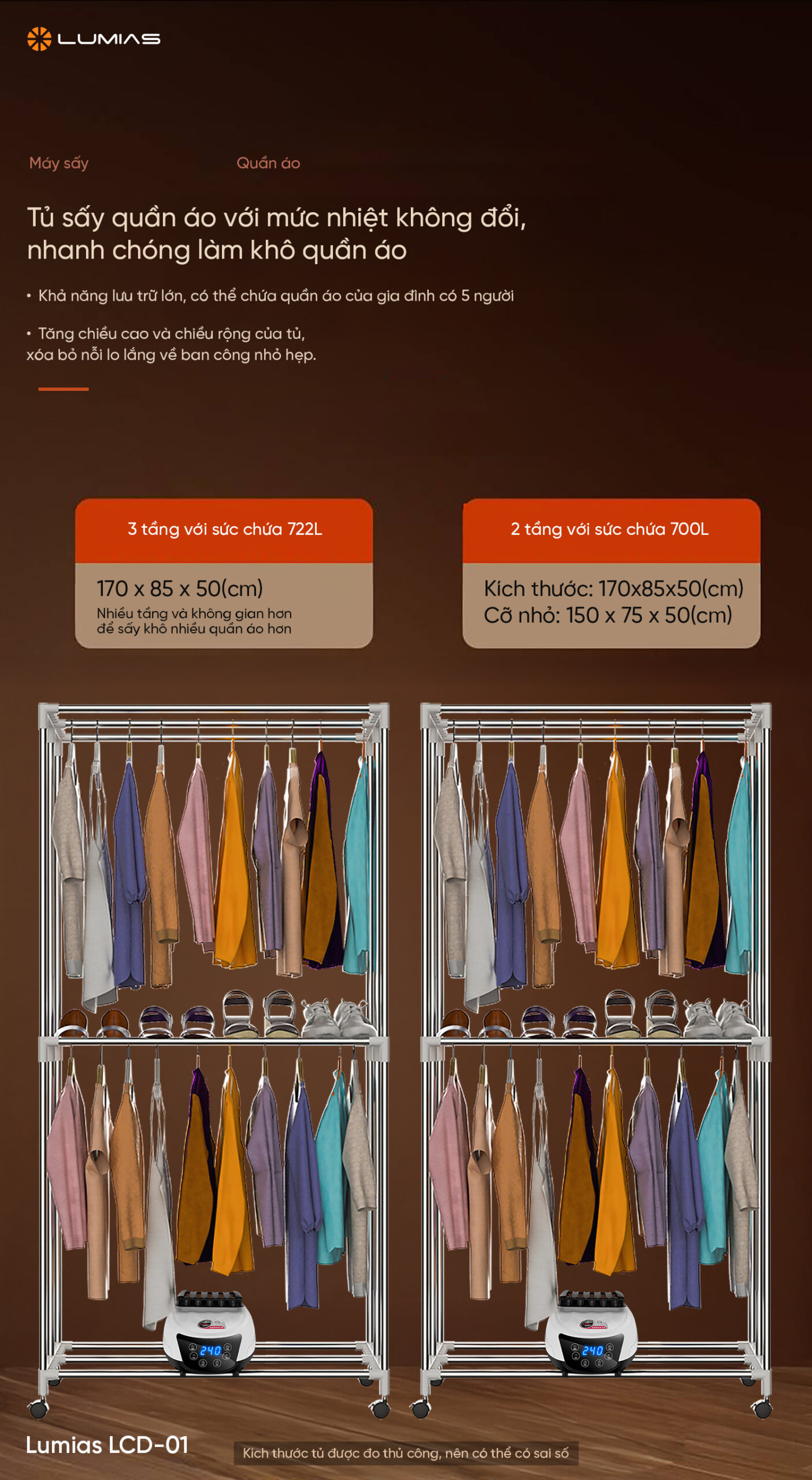 Tủ sấy quần áo Lumias LCD-01 phục vụ được gia đình đông thành viên