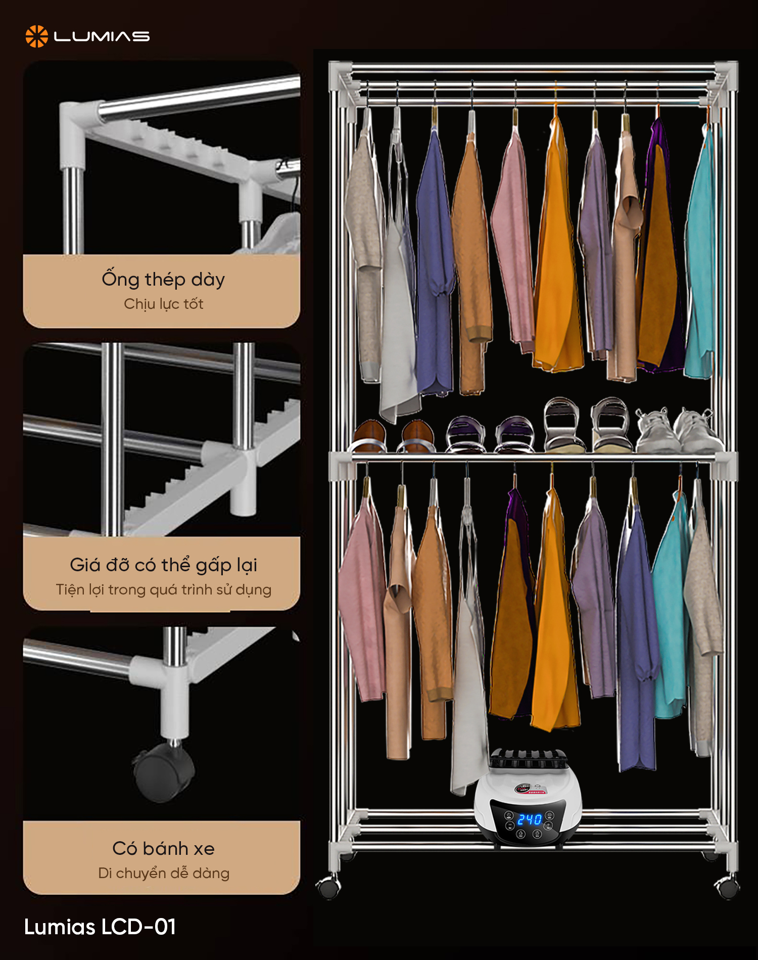 Tủ sấy quần áo Lumias LCD-01 chắc chắn có thể gấp gọn