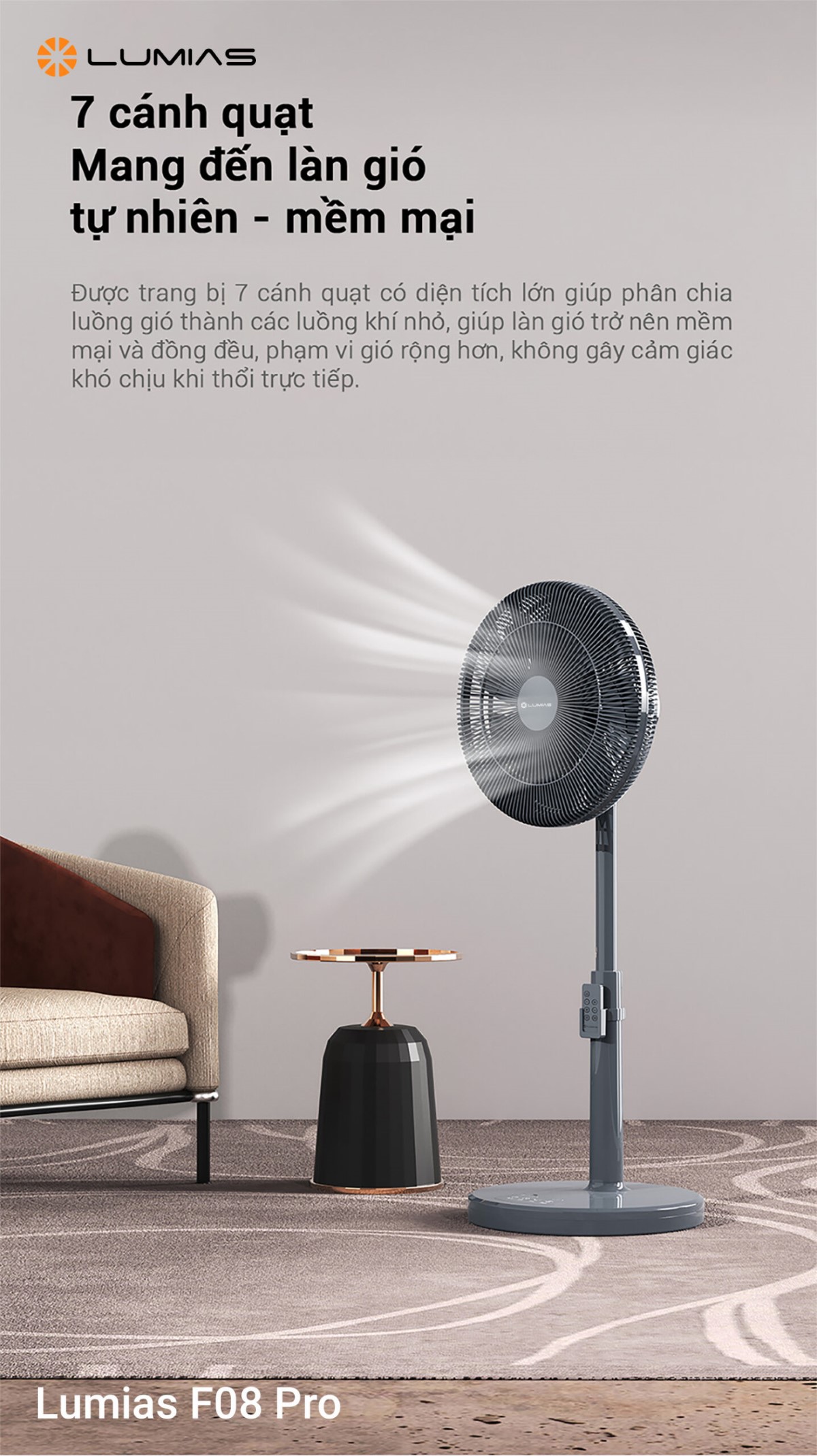 Quạt cây Lumias F08 Pro với 7 cánh quạt mang đến làn gió tự nhiên, mềm mại 