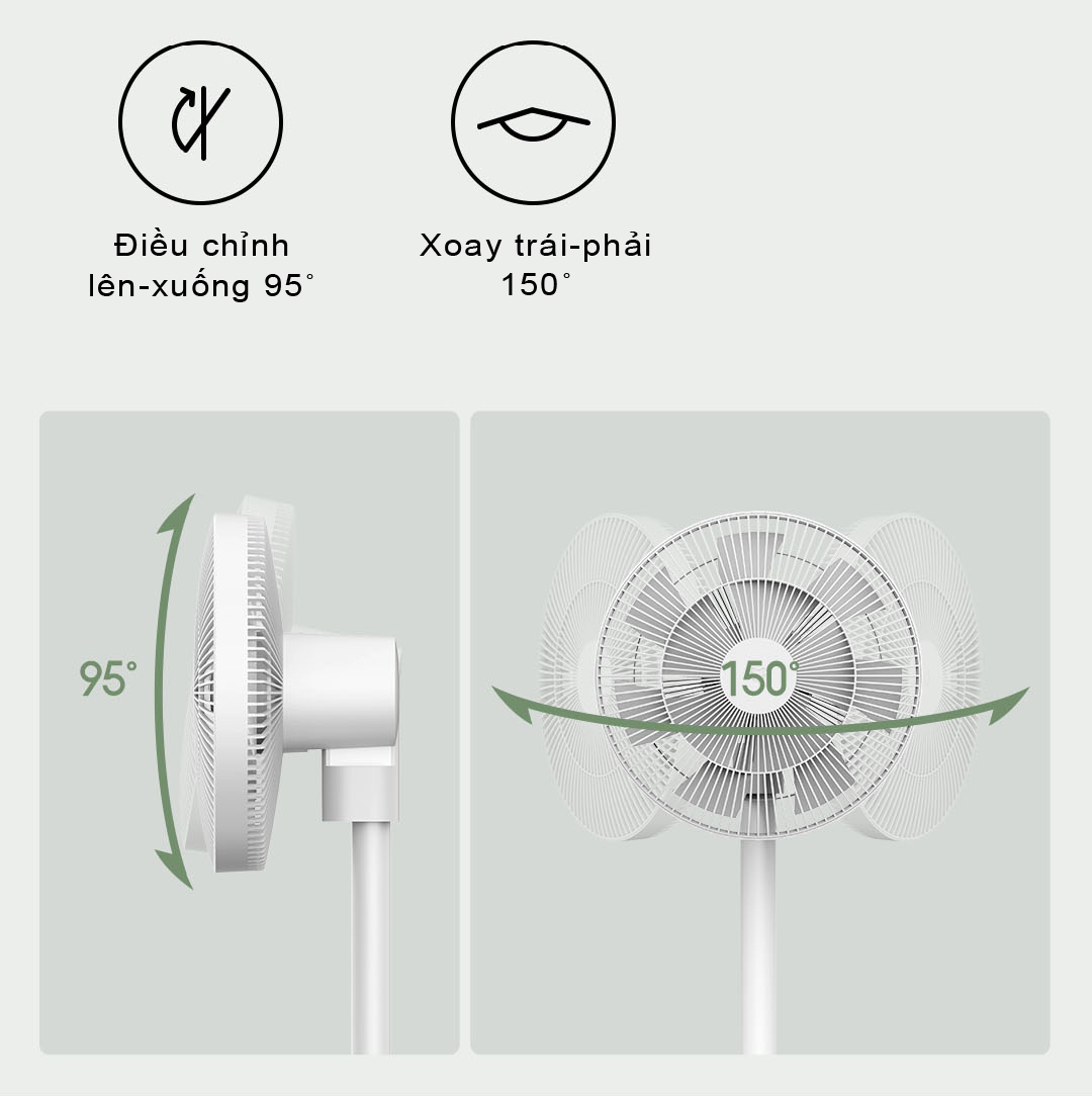 Quạt tuần hoàn không khí Xiaomi BPLDS05DM có thể điều chỉnh lên-xuống 95 độ và xoay trái-phải 150 độ