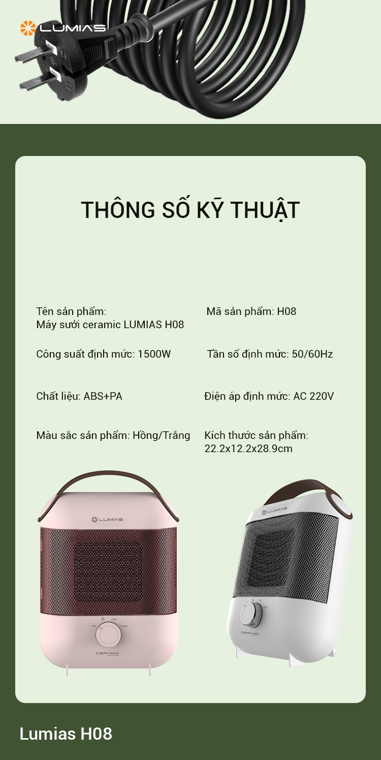 Máy sưởi gốm Lumias H08 Thông số kỹ thuật chi tiết máy sưởi gốm Lumias H08