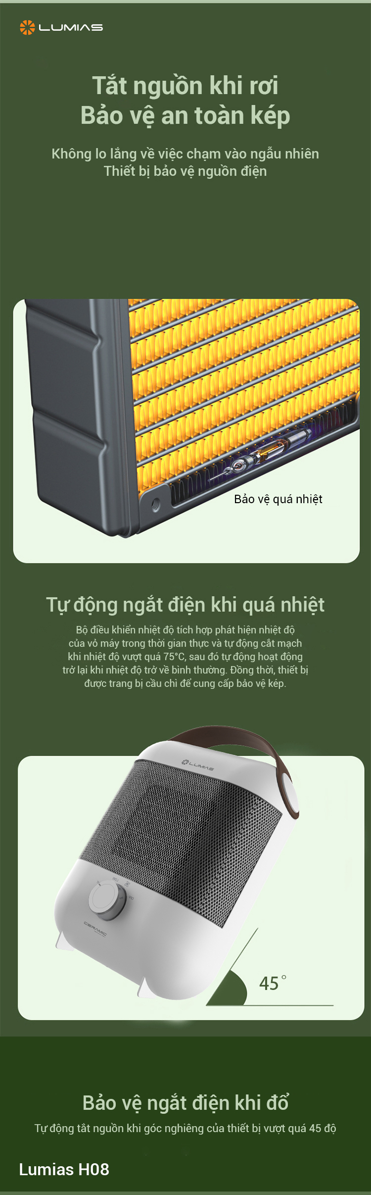 Máy sưởi gốm Lumias H08 bảo vệ an toàn cho cả gia đình