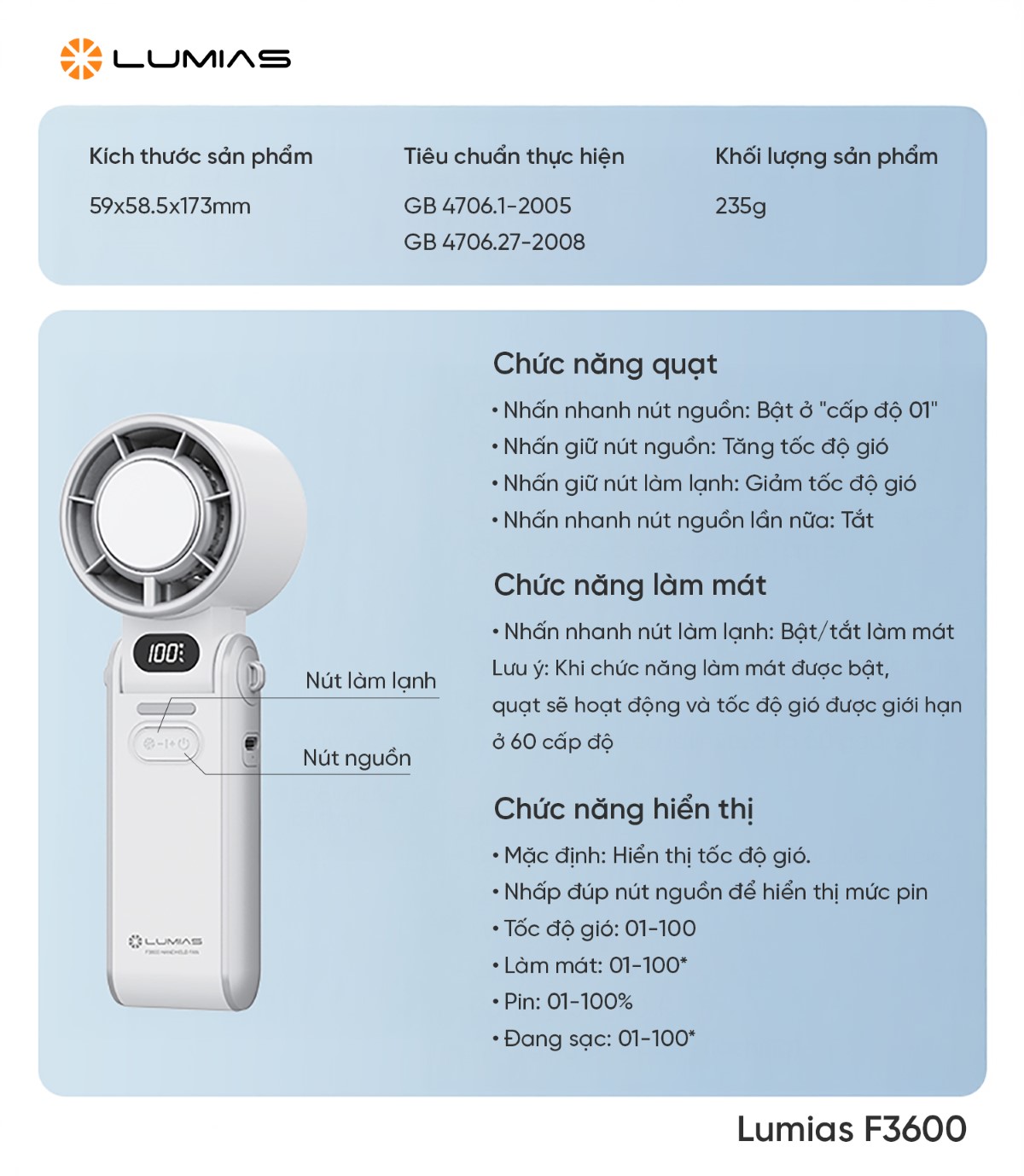 Thông số kỹ thuật của quạt cầm tay làm lạnh Lumias F3600