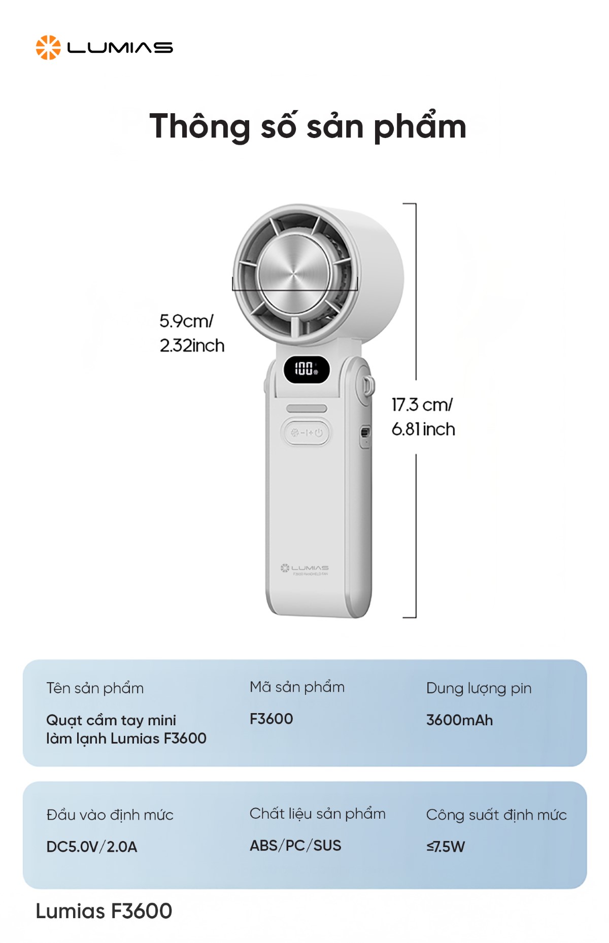 Quạt cầm tay làm lạnh Lumias F3600 hiện đại, tiện lợi