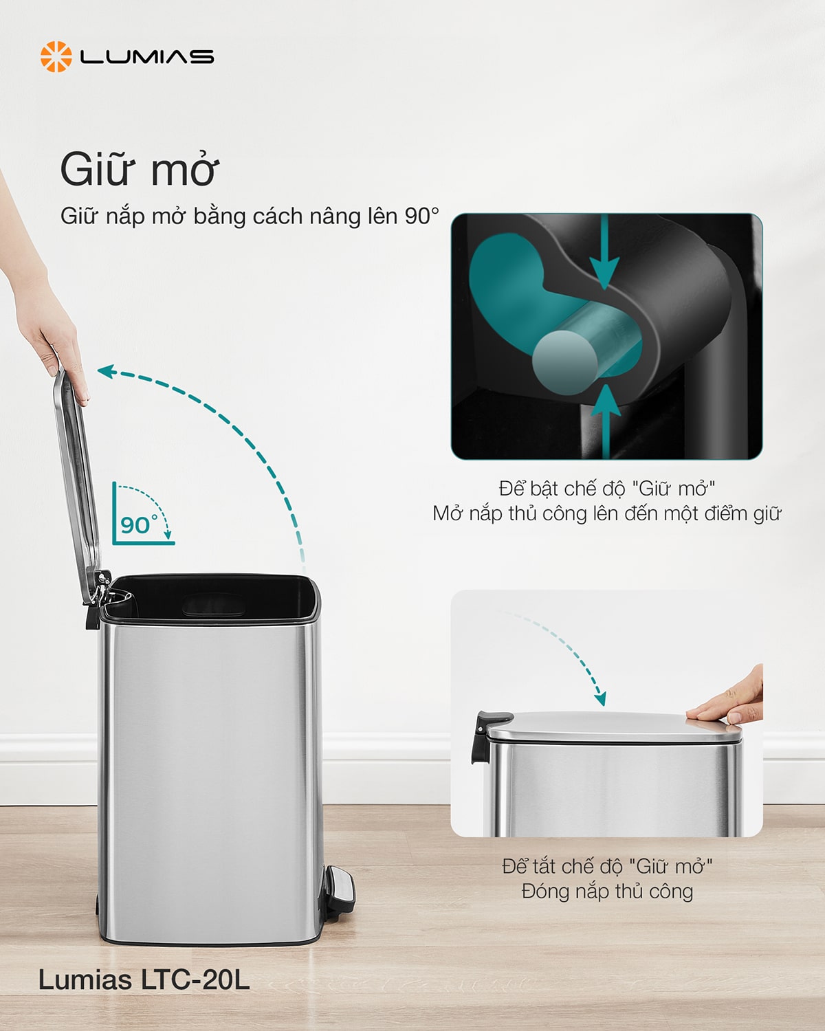Thùng rác dung tích 20L Lumias LTC-20L đóng nắp không gây ồn LTC-20L đóng mở 90°