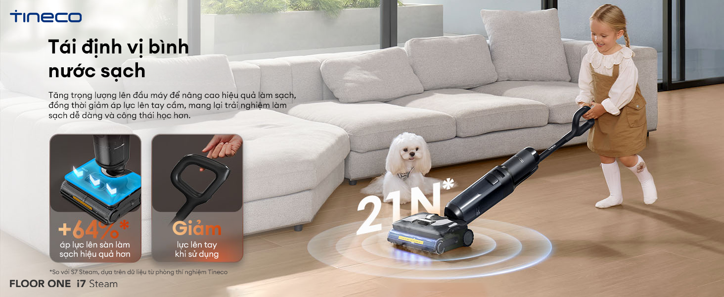Máy hút bụi lau sàn khô ướt Tineco FLOOR ONE i7 Steam tái định vị bình nước sạch, giúp vệ sinh sàn nhà luôn bằng nước sạch.