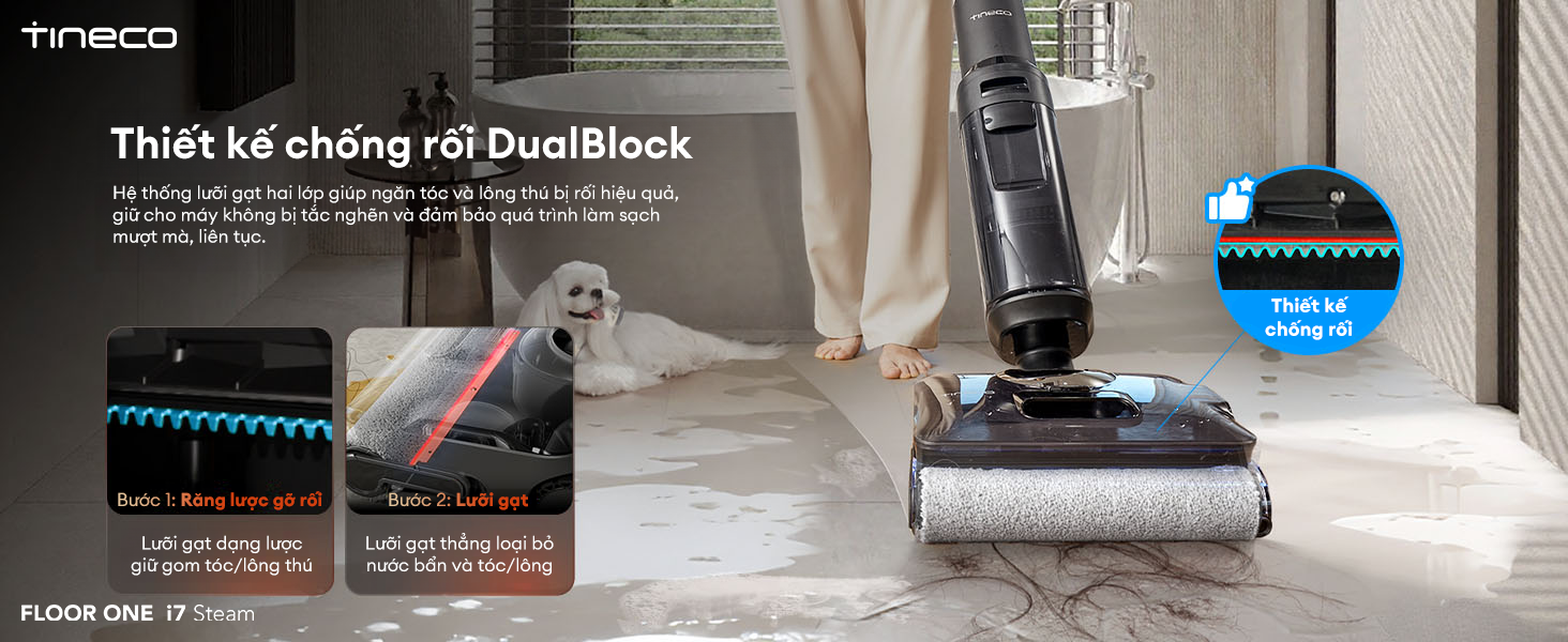Máy hút bụi khô ướt Tineco FLOOR ONE i7 Steam chống rối hiệu quả