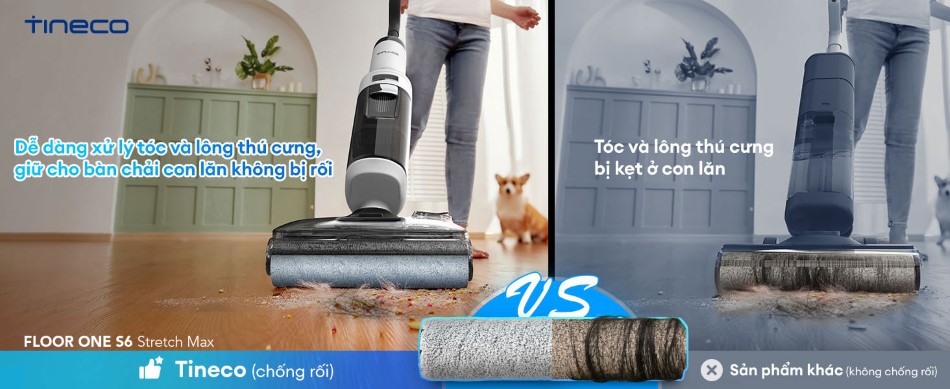 Máy hút bụi lau sàn Tineco Floor One S6 Stretch Max dễ dàng xử lý tóc và lông thú cưng