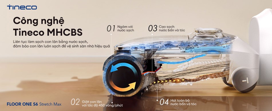 Tineco S6 Stretch Max liên tục làm sạch con lăn bằng nước nóng